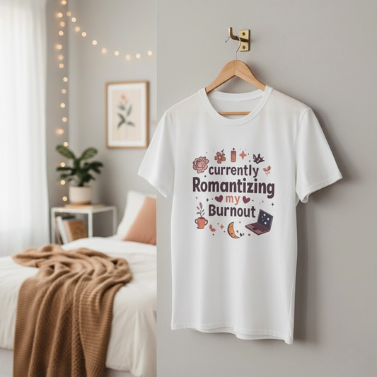 Currently Romantizing My Burnout T-Shirt - Funny Self-Care Mental Health Tee